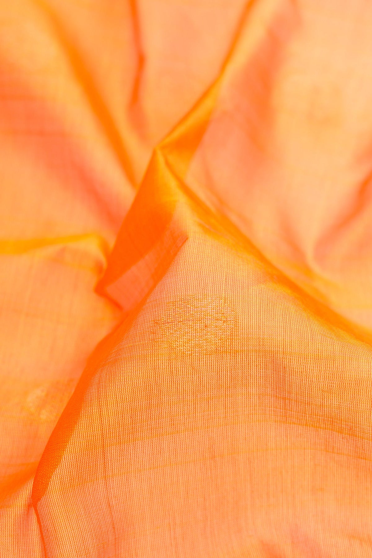 Close up of Orange Silk Cotton Saree with Zari Butta on the body and Zari Border.  displaying folds