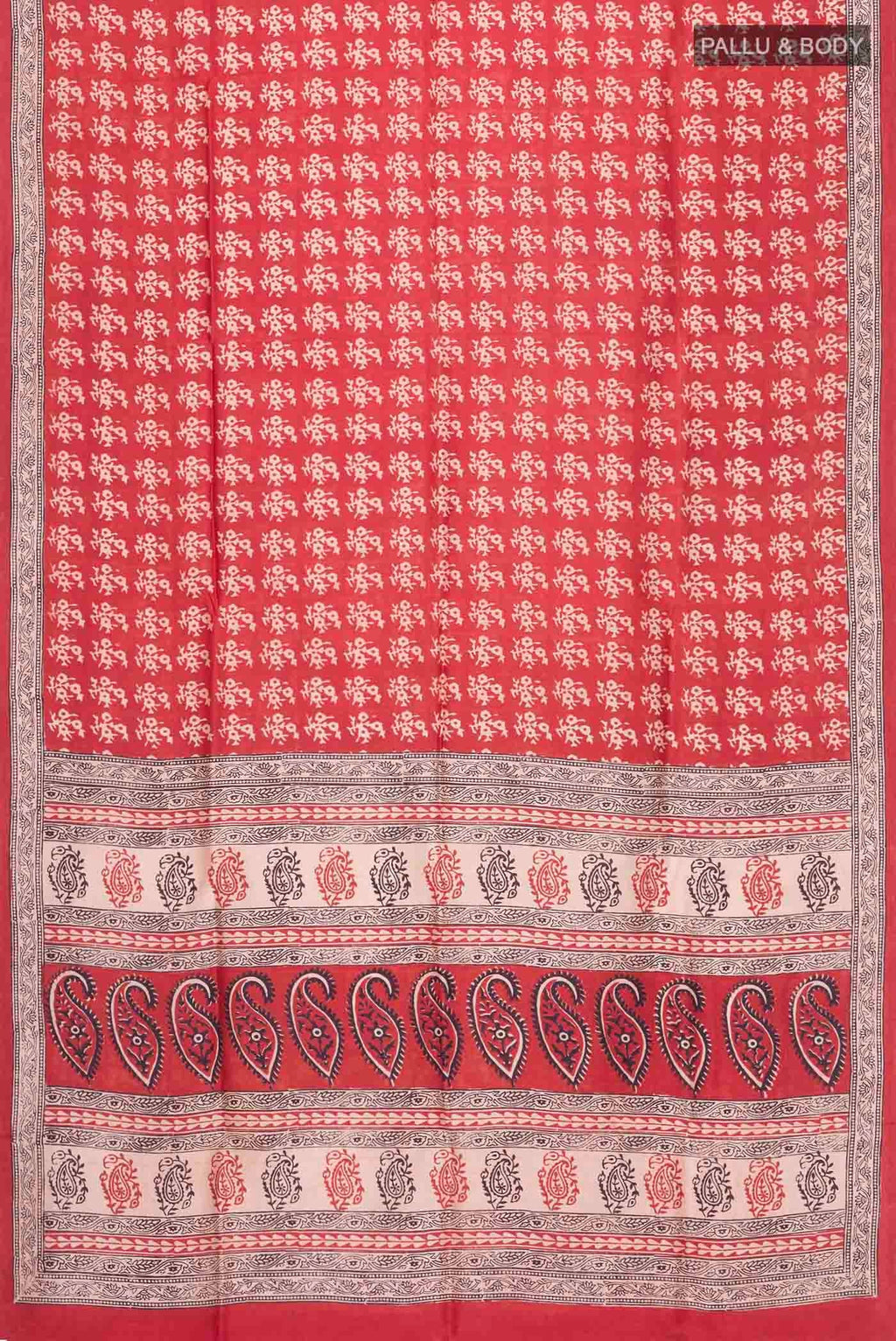 Flat view of Rust Printed Silk Saree with Printed design on the body and Printed Border