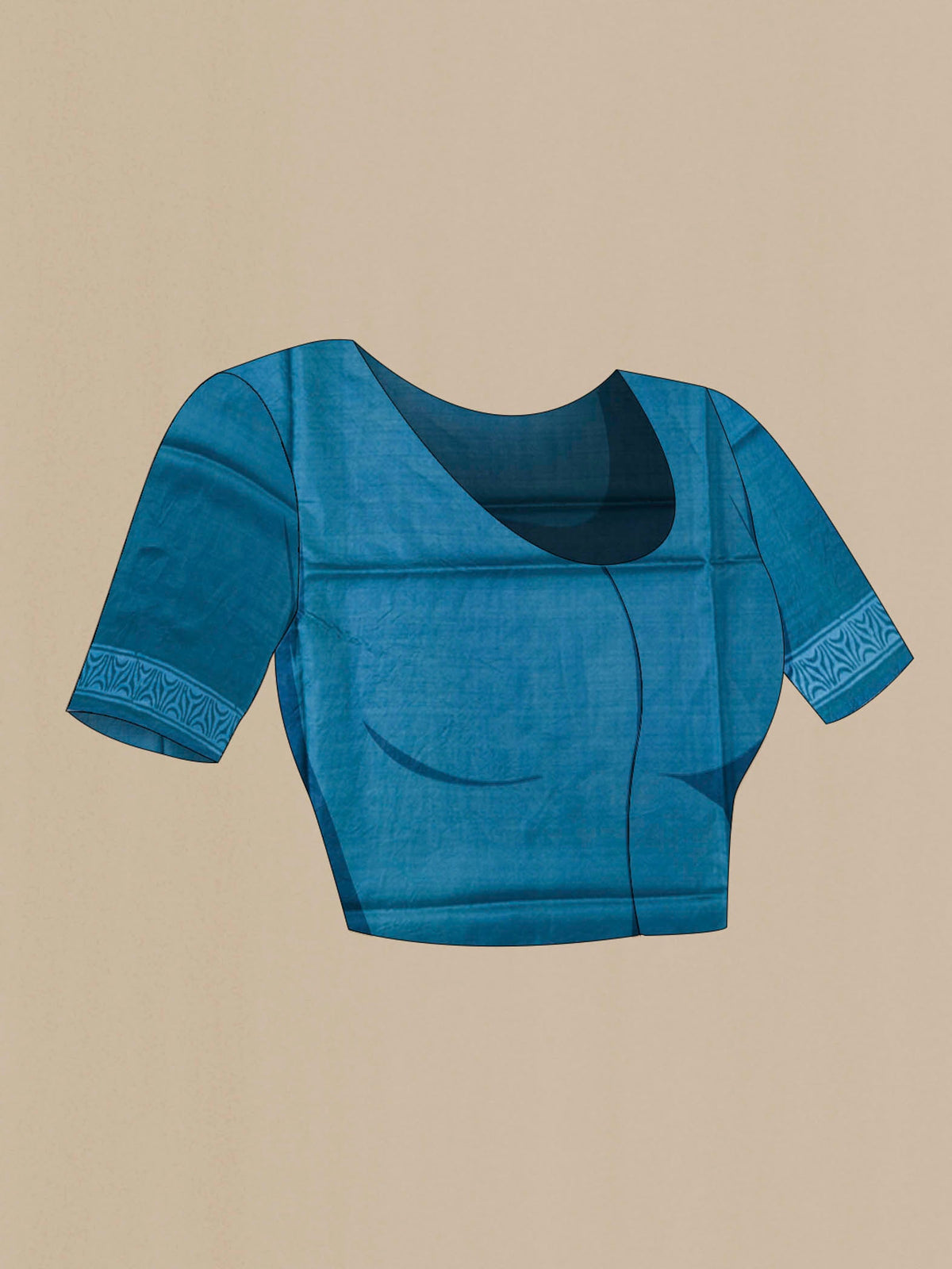 Close up image of the blouse of Blue Printed Silk Saree with Printed design on the body and Plain Border