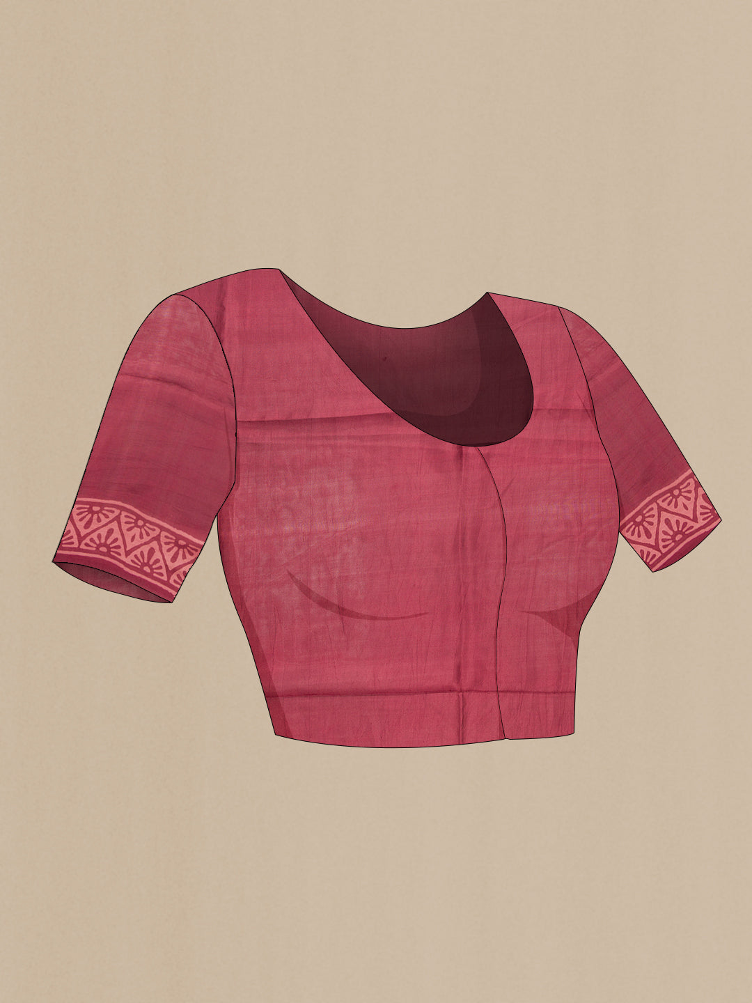 Close up image of the blouse of Maroon Printed Silk Saree with Printed design on the body and Printed Border. 