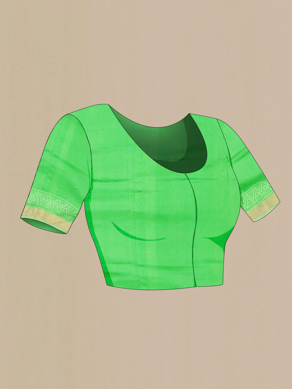Close up image of the blouse of Green Printed Silk Saree with Printed design on the body and Zari Border