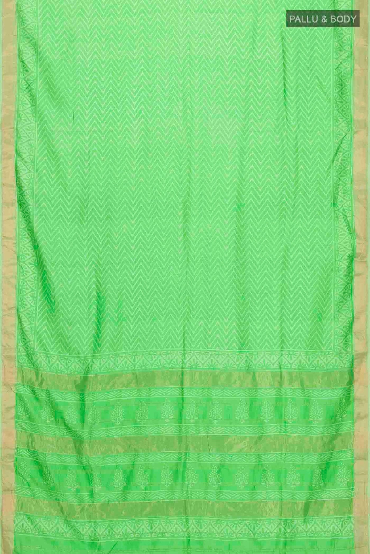 Flat view of Green Printed Silk Saree with Printed design on the body and Zari Border