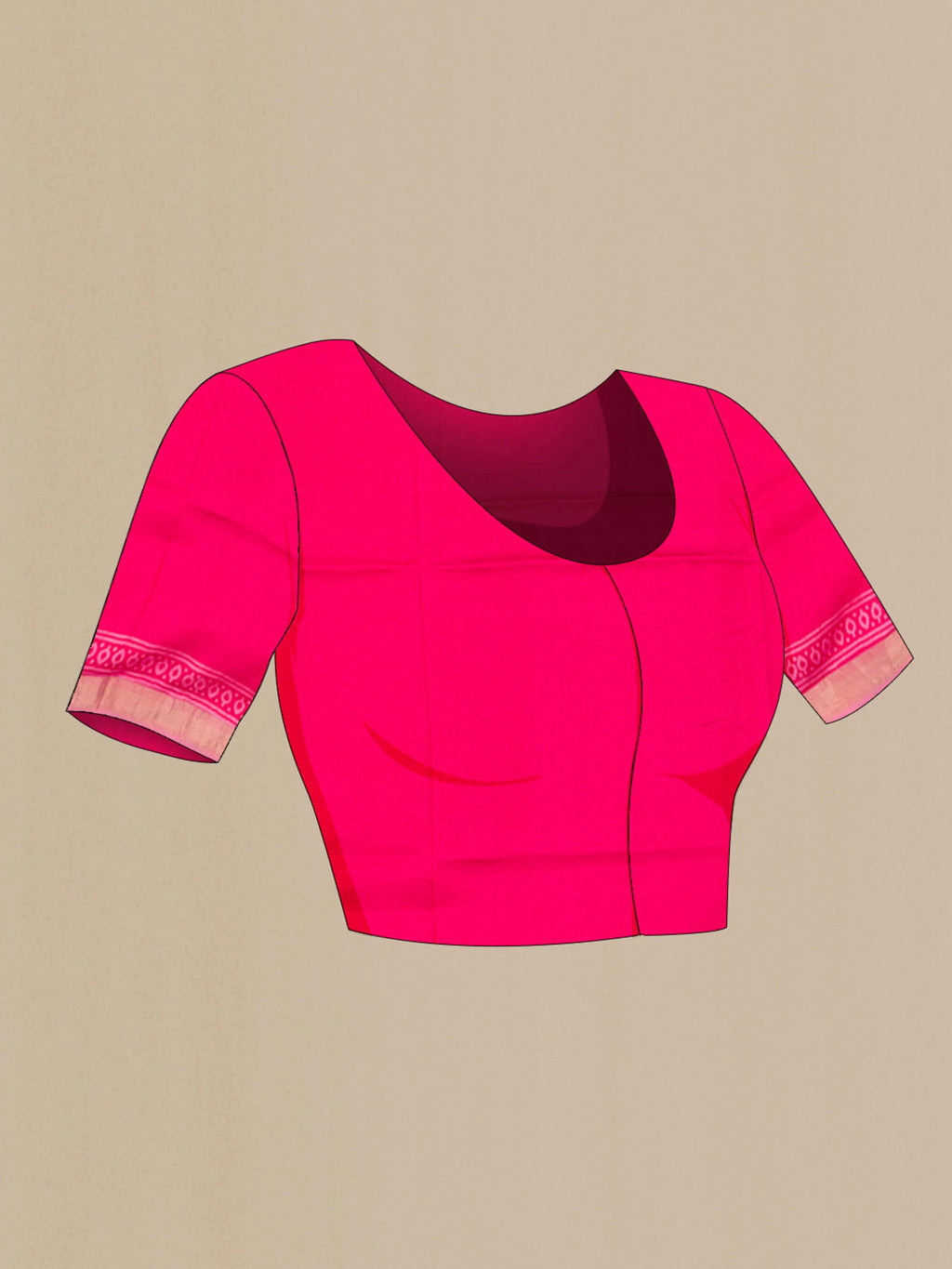 Close up image of the blouse of Pink Printed Silk Saree with Printed design on the body and Zari Border