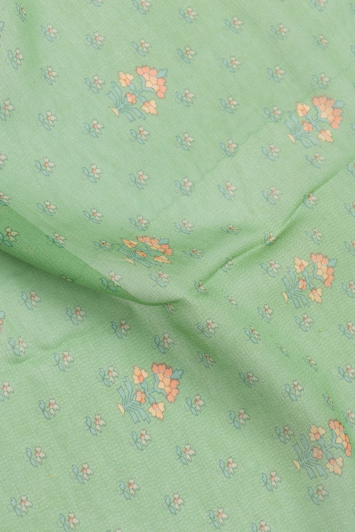 Close up of Green Dual Tone Mysore Chiffon Saree with Printed design on the body and Zari Border.  displaying folds