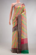 Multi Color Mysore Chiffon Saree with Printed design on the body and Thread Border.  displayed on a mannequin