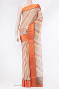 Sandal Dual Tone Mysore Chiffon Saree with Printed design on the body and Thread Border.  displayed on a mannequin