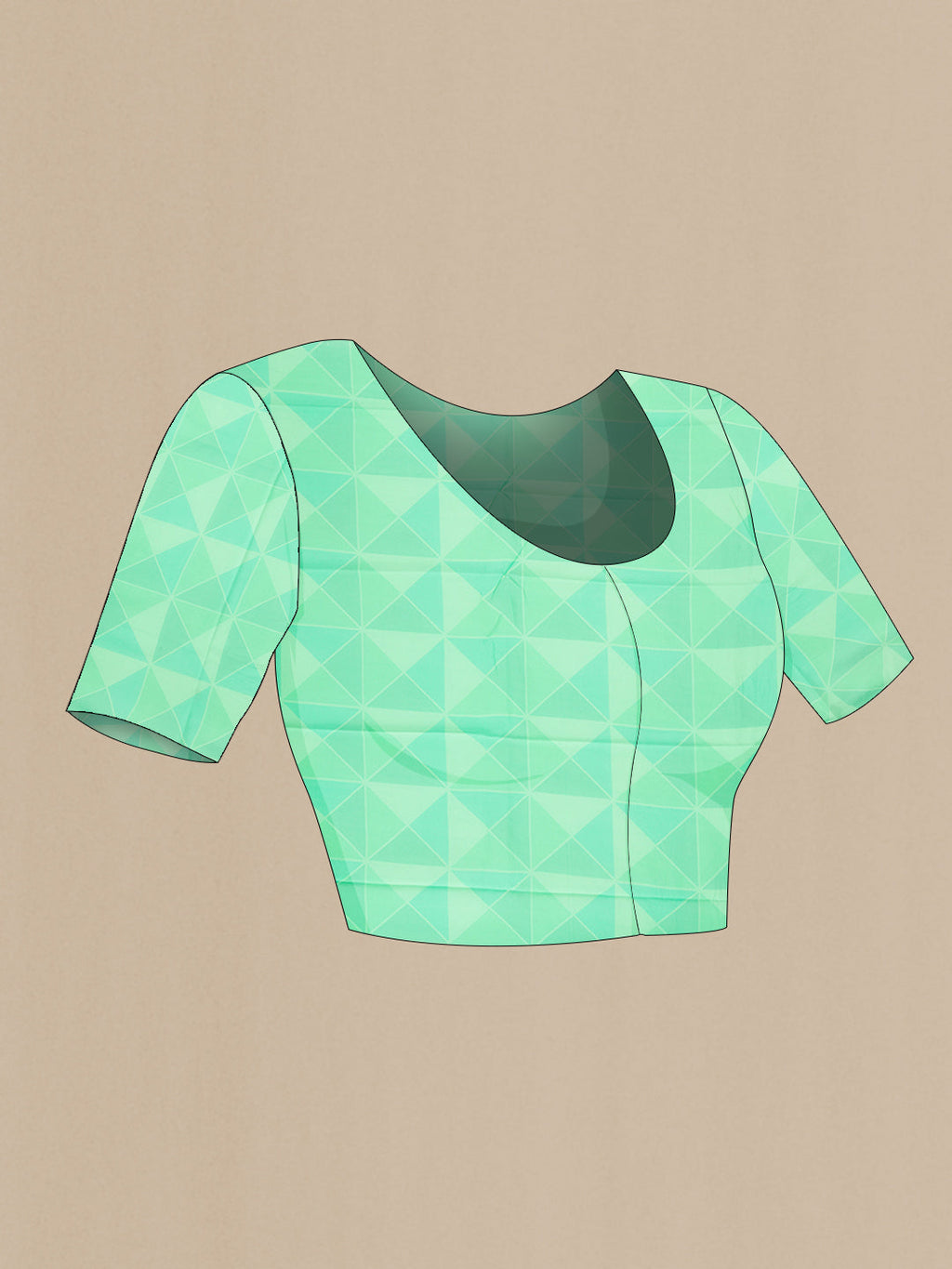 Close up image of the blouse of Sea Green Mysore Chiffon Saree with Plain Body and Thread Border. 