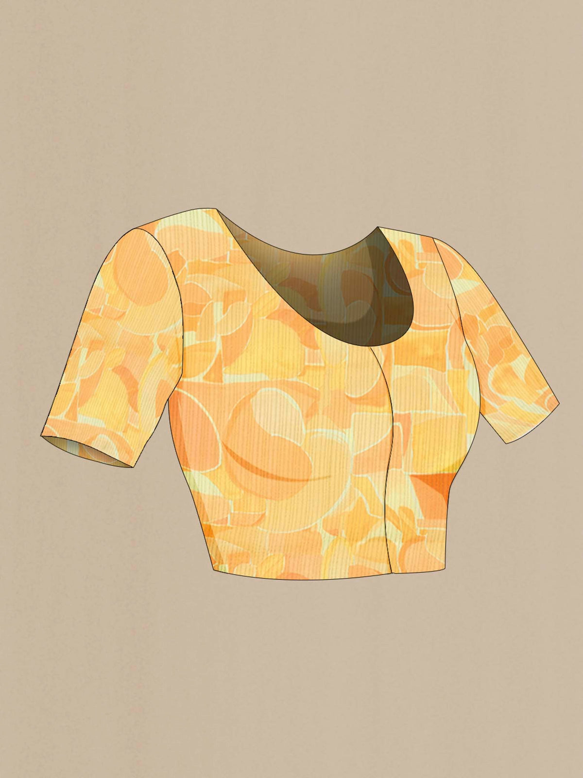 Close up image of the blouse of Yellow Mysore Chiffon Saree with Plain Body and Printed Border