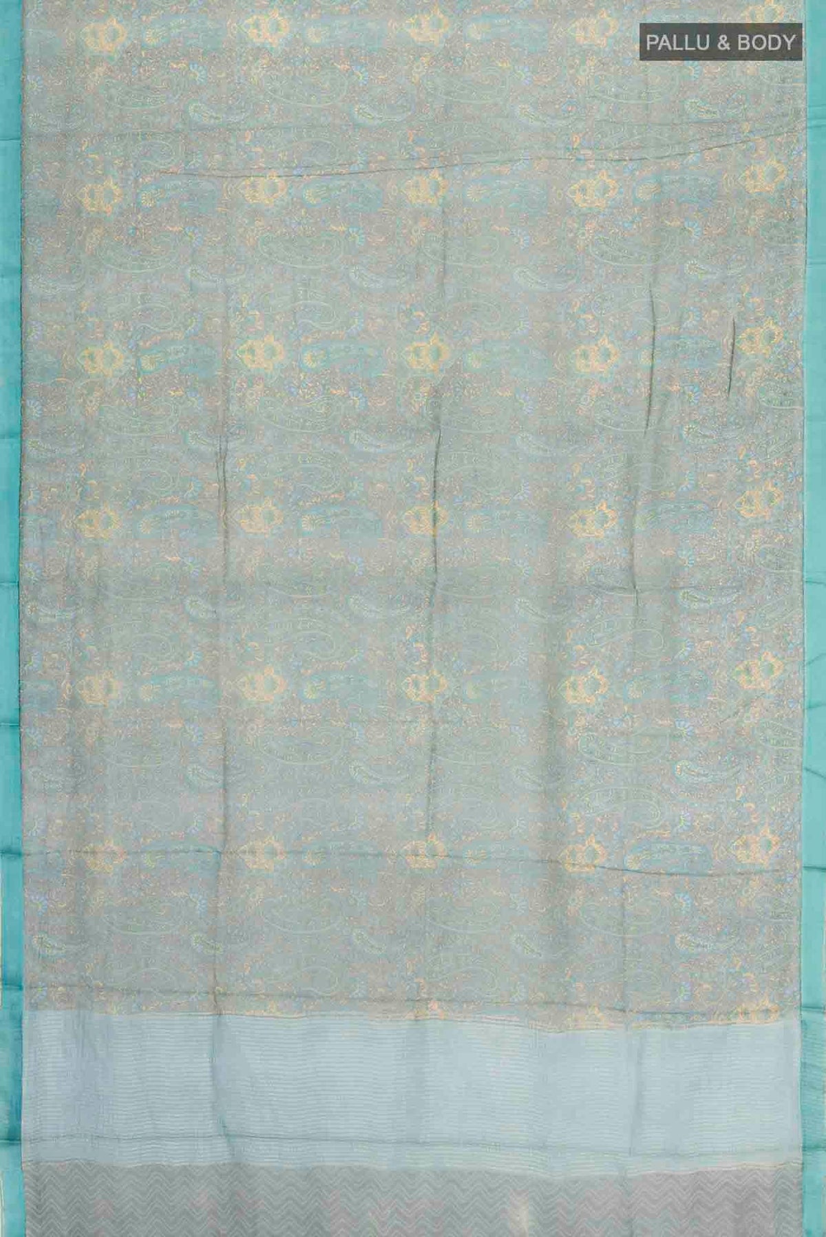 Flat view of Green Mysore Chiffon Saree with Printed design on the body and Plain Border