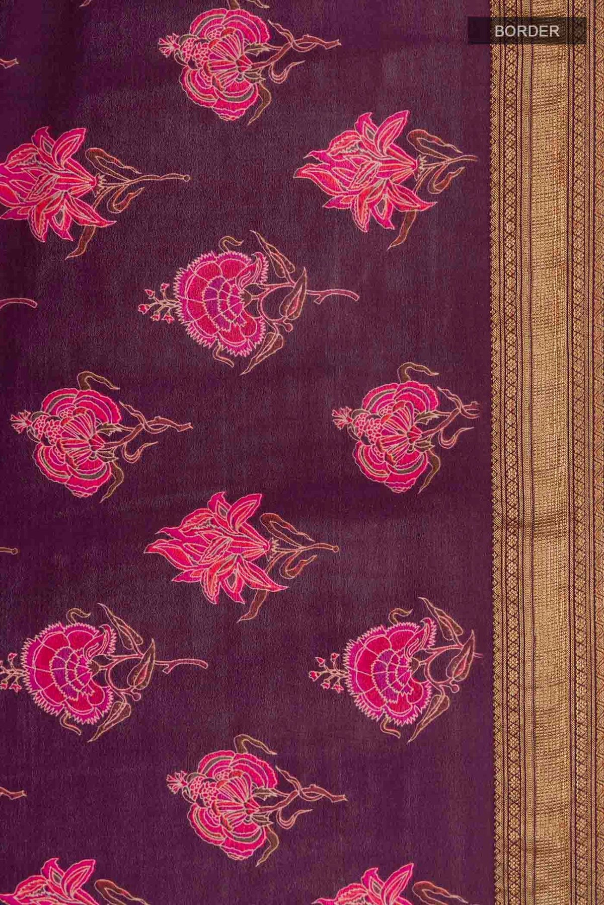 Border image of Purple Mysore Crepe Saree with Printed design on the body and Zari Border