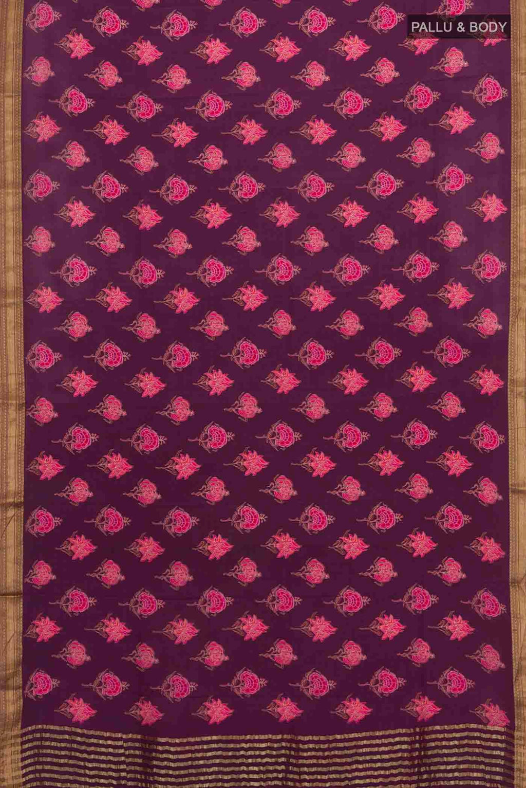 Flat view of Purple Mysore Crepe Saree with Printed design on the body and Zari Border