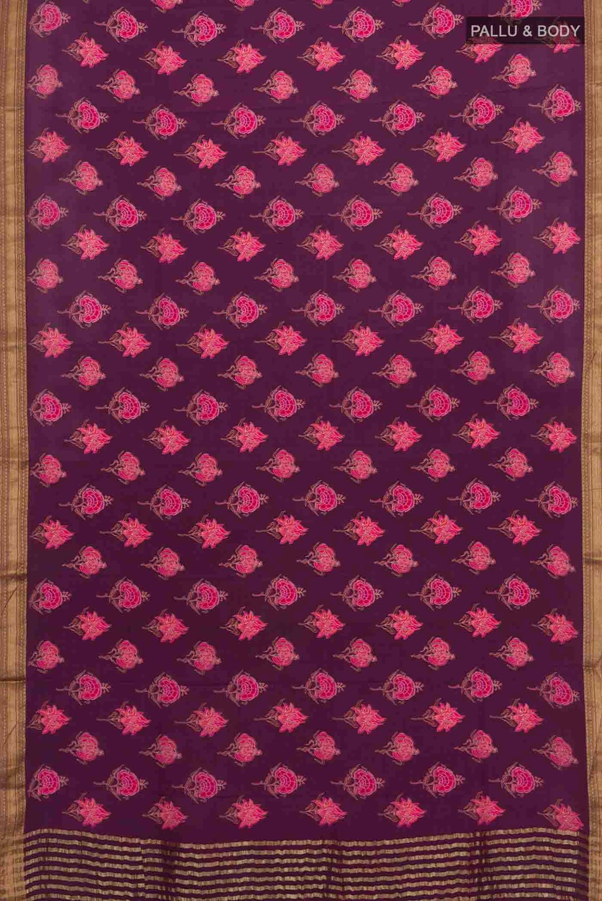 Flat view of Purple Mysore Crepe Saree with Printed design on the body and Zari Border