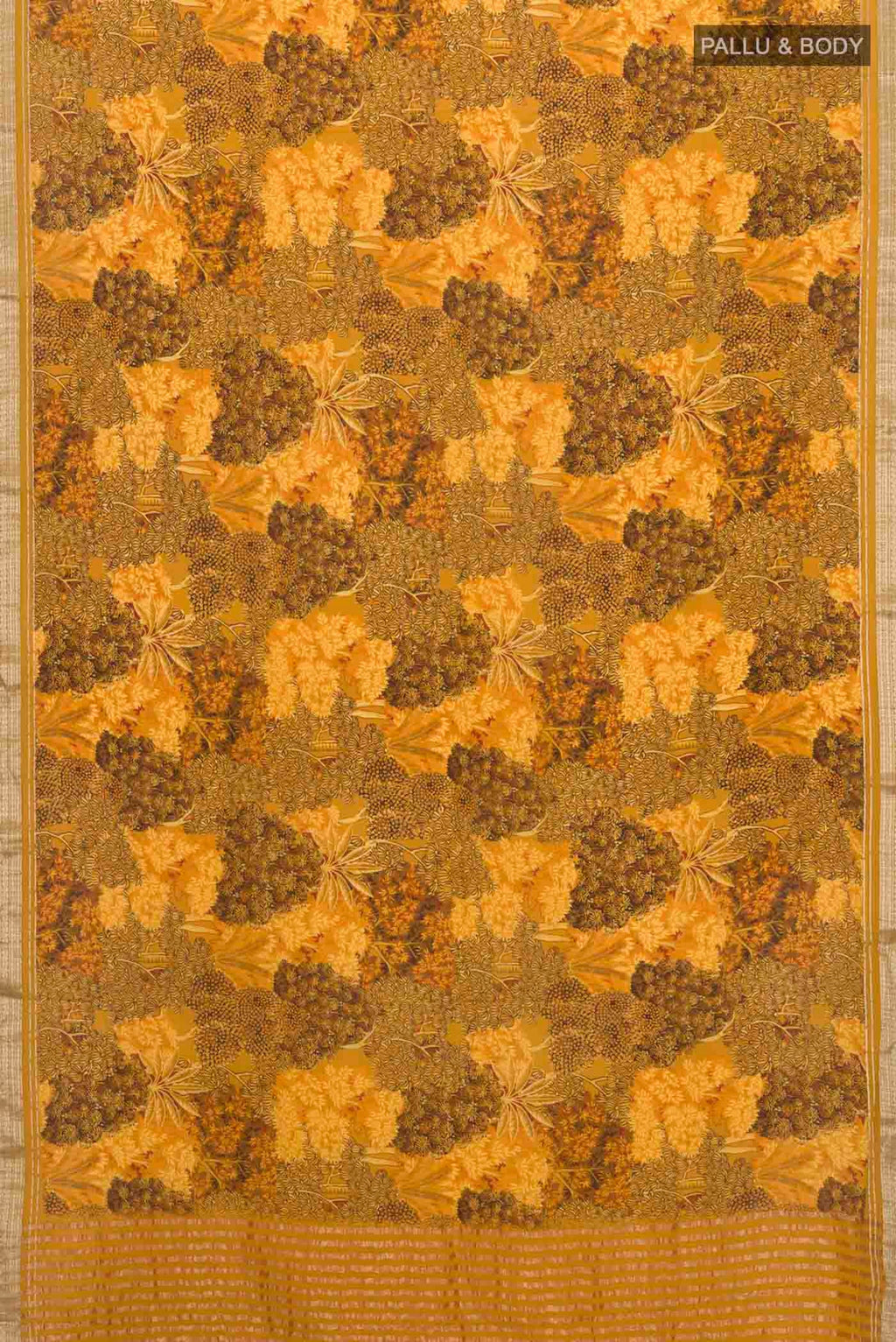 Flat view of Mustard Mysore Crepe Saree with Printed design on the body and Zari Border