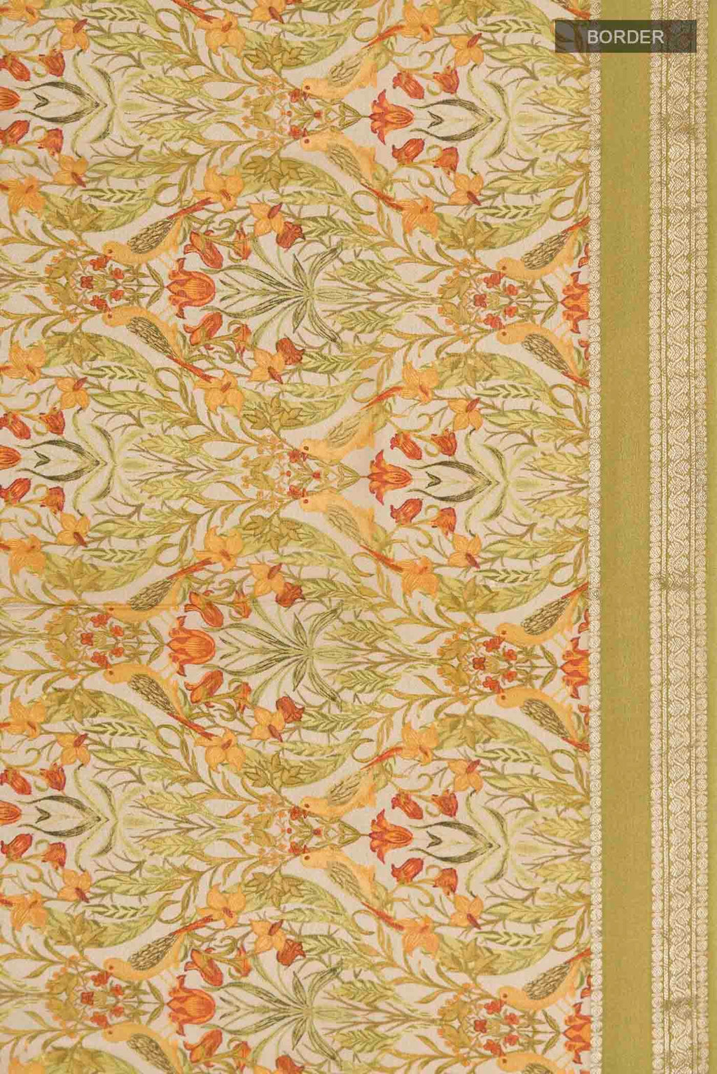 Border image of Green Mysore Crepe Saree with Printed design on the body and Zari Border