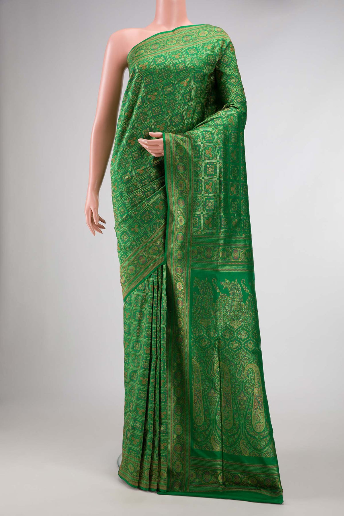 Green Dual Tone Banarasi Silk Saree with Zari Brocade on the body and Zari Border displayed on a mannequin