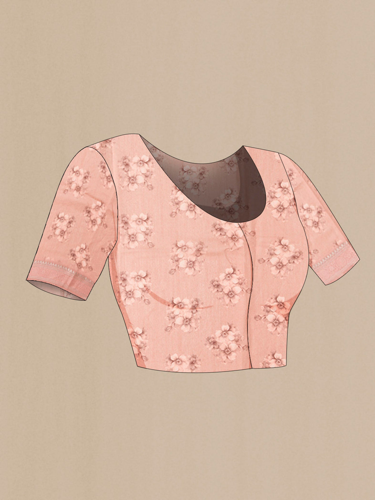 Close up image of the blouse of Peach Tussar Silk Saree with Embroidery on the body and Zari And Thread Border