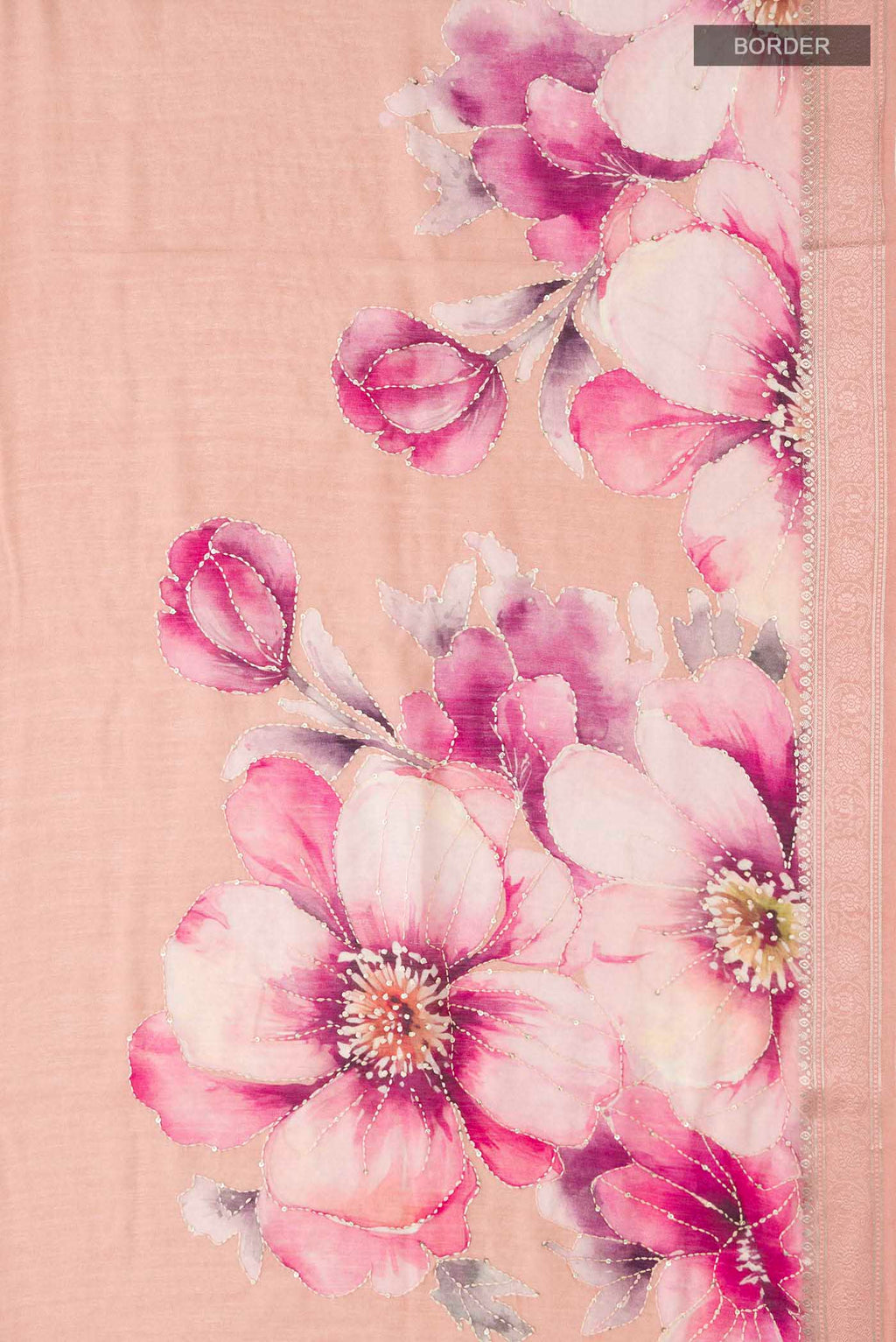 Border image of Peach Tussar Silk Saree with Embroidery on the body and Zari And Thread Border