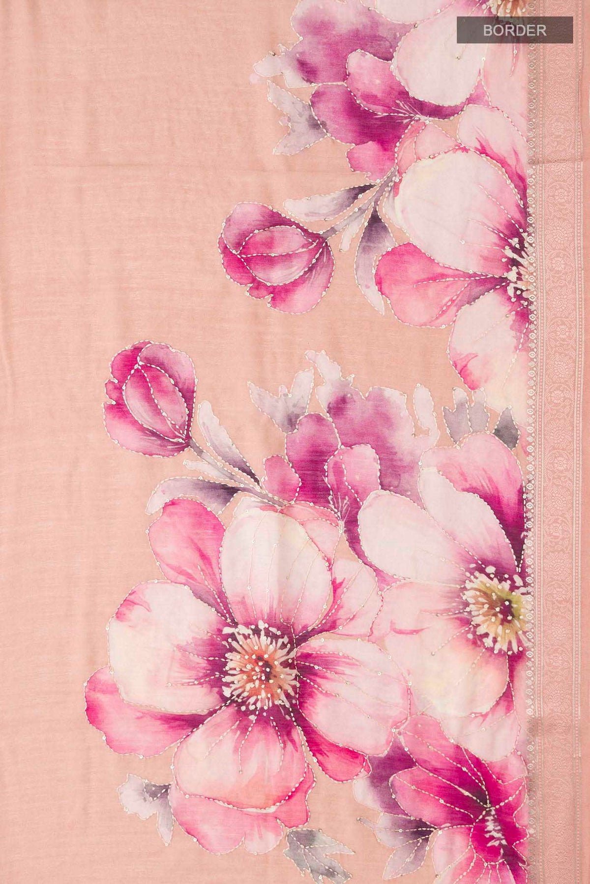 Border image of Peach Tussar Silk Saree with Embroidery on the body and Zari And Thread Border
