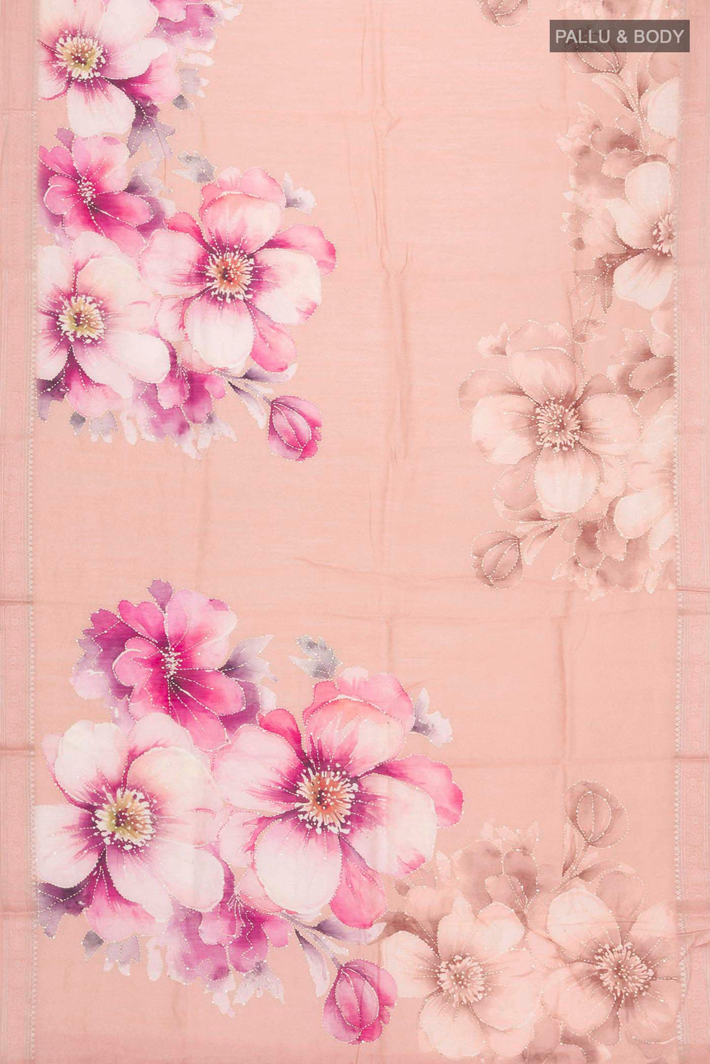Flat view of Peach Tussar Silk Saree with Embroidery on the body and Zari And Thread Border