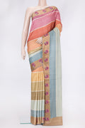 Grey,Pink and Mustard Color Tussar Silk Saree with Embroidery on the body and Embroidery Border.  displayed on a mannequin