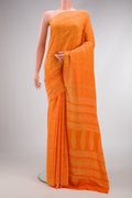 Orange Dual Tone Mysore Crepe Saree with Printed design on the body and Printed Border.  displayed on a mannequin
