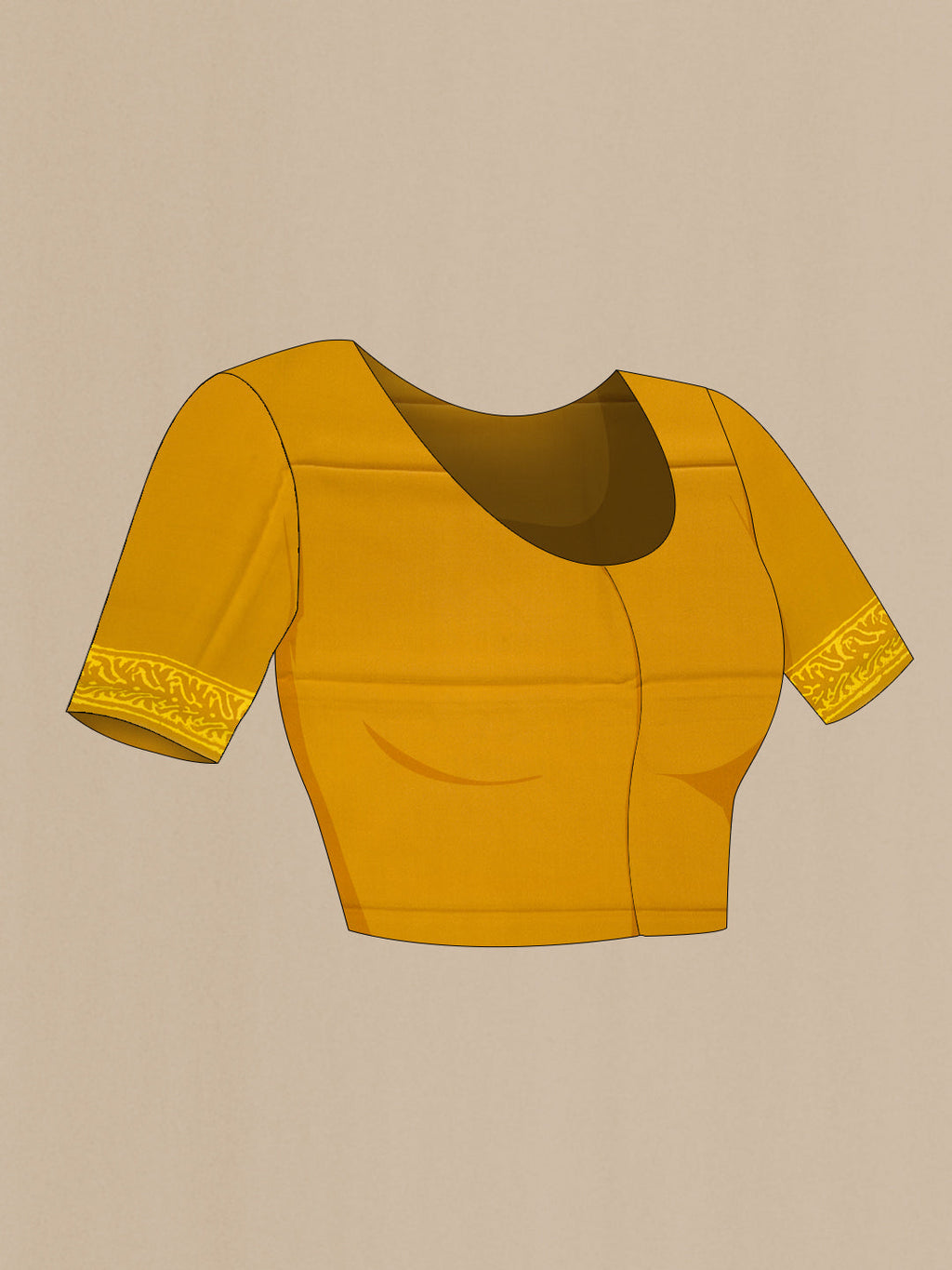Close up image of the blouse of Mustard Dual Tone Mysore Crepe Saree with Printed design on the body and Printed Border. 
