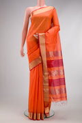 Orange Dual Tone Maheshwari Silk Cotton Saree with Plain Body and Zari Border.  displayed on a mannequin