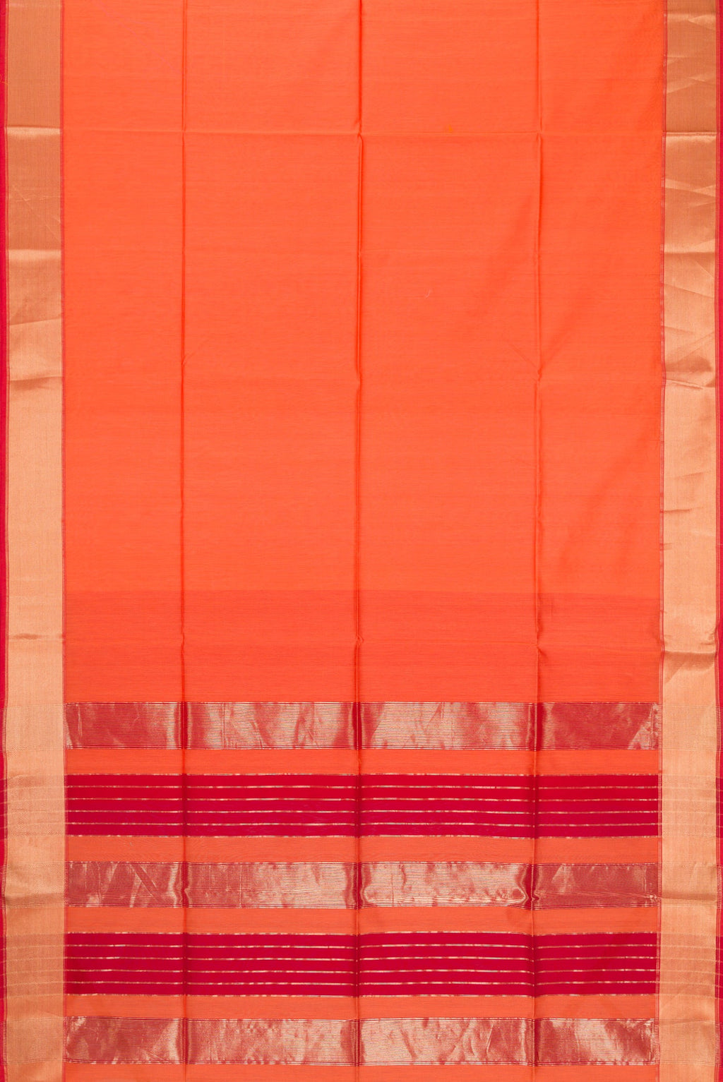 Flat view of Orange Dual Tone Maheshwari Silk Cotton Saree with Plain Body and Zari Border. 