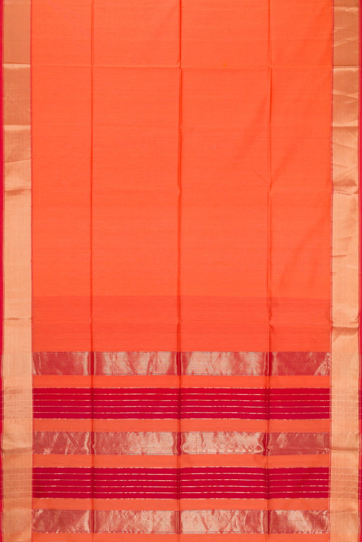 Flat view of Orange Dual Tone Maheshwari Silk Cotton Saree with Plain Body and Zari Border. 