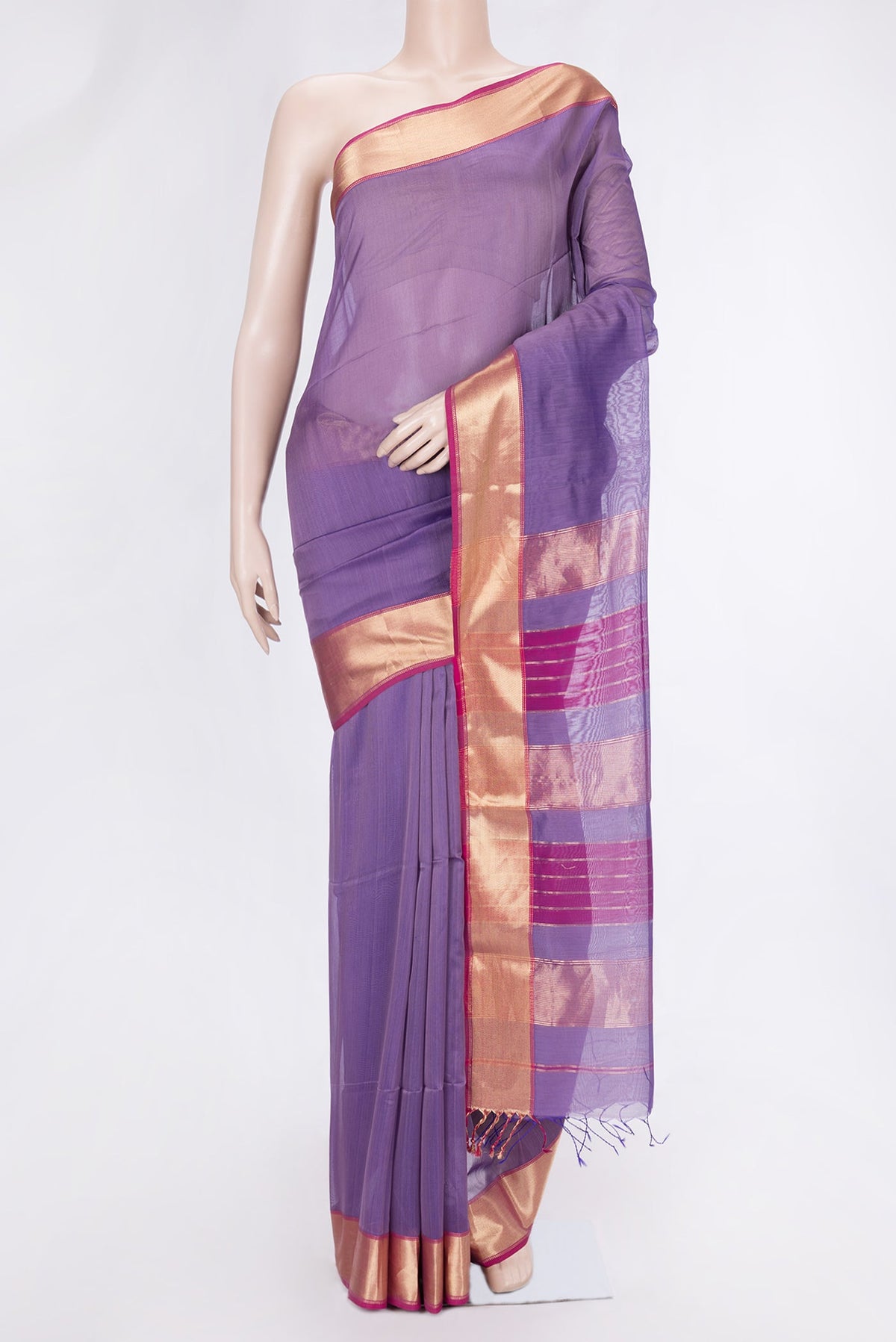 Purple Dual Tone Maheshwari Silk Saree with Stripes on the body and Zari Border.  displayed on a mannequin