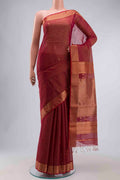 Maroon Maheshwari Silk Saree with Zari Butta on the body and Zari Border displayed on a mannequin