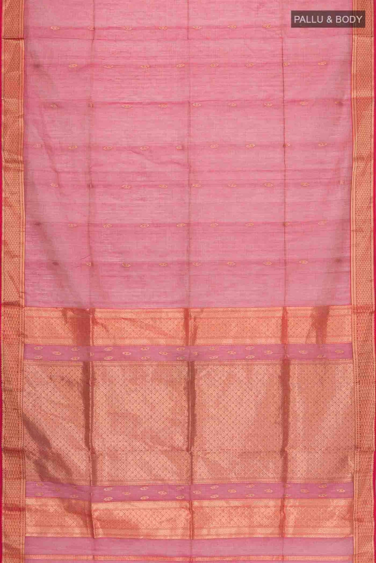 Flat view of Maroon Maheshwari Silk Saree with Zari Butta on the body and Zari Border