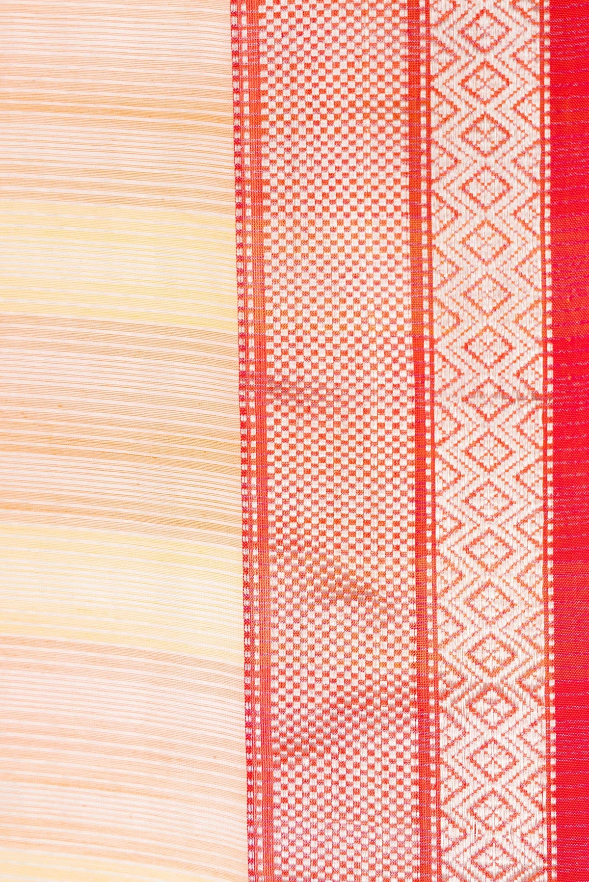 Border image of Orange and Yellow Color Maheshwari Silk Saree with Stripes on the body and Zari Border. 