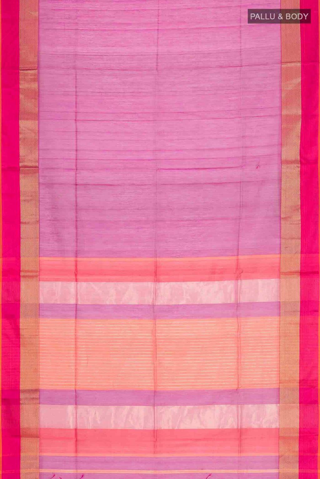 Flat view of Purple Maheshwari Silk Saree with Plain Body and Zari Border