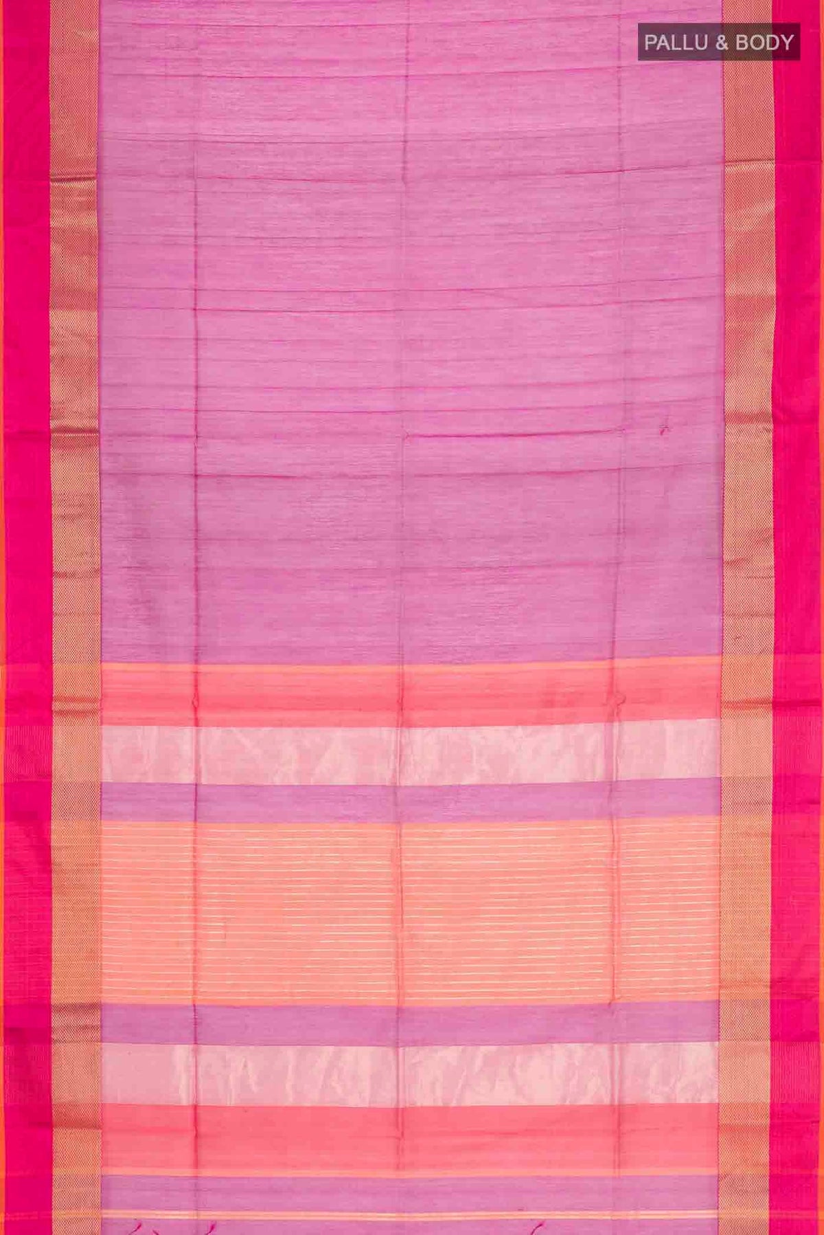 Flat view of Purple Maheshwari Silk Saree with Plain Body and Zari Border