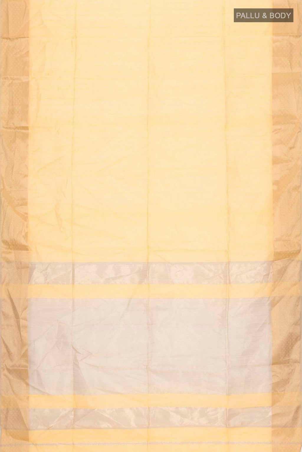 Flat view of Yellow Maheshwari Silk Saree with Plain Body and Zari Border