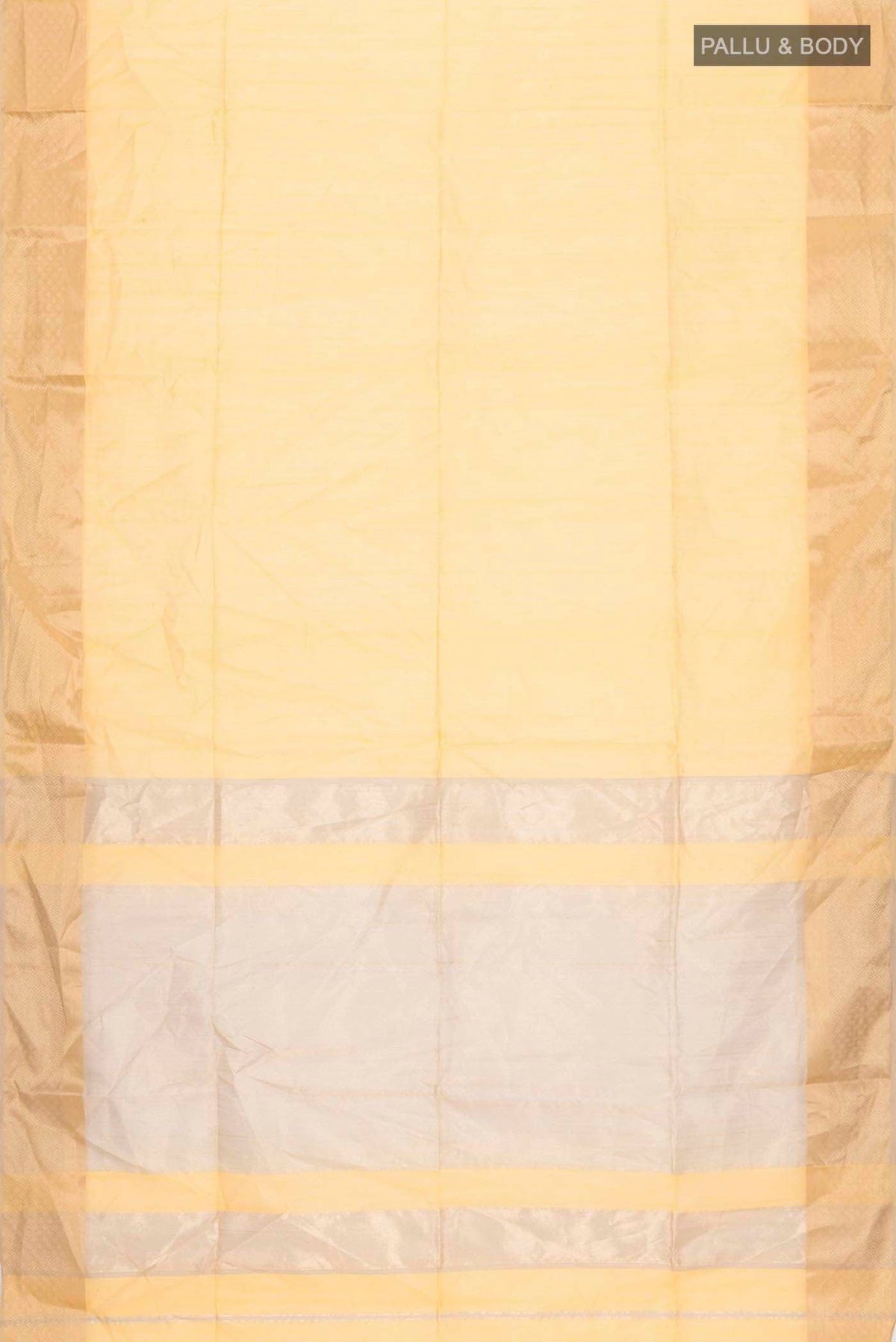 Flat view of Yellow Maheshwari Silk Saree with Plain Body and Zari Border