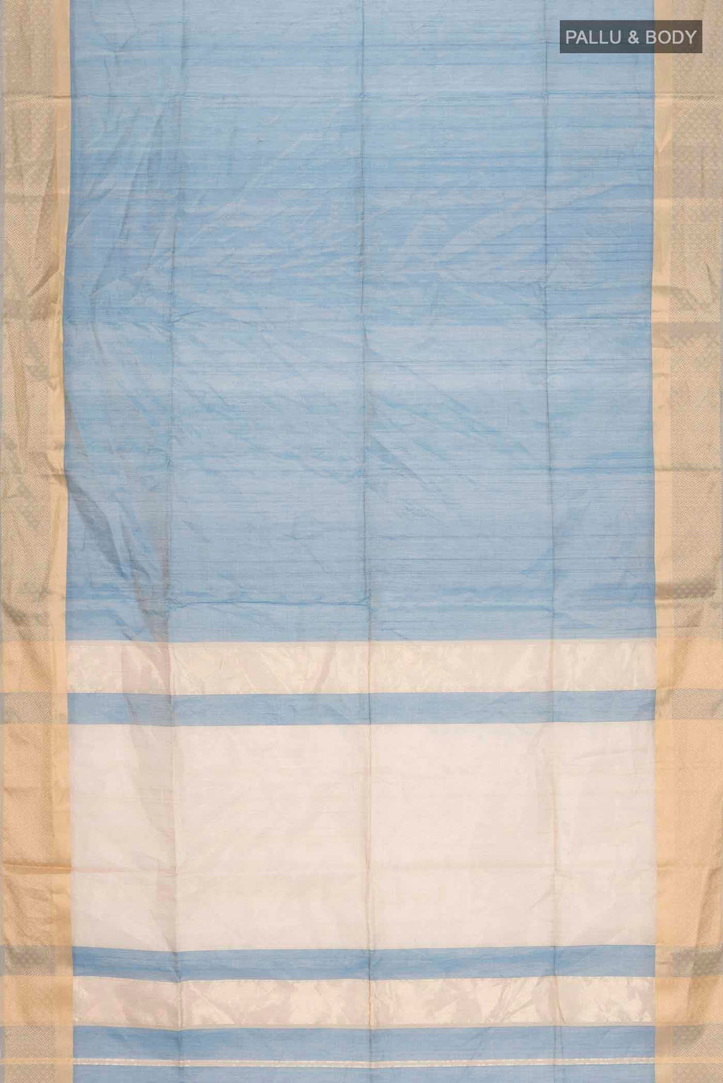 Flat view of Blue Maheshwari Tissue Silk Saree with Plain Body and Zari Border