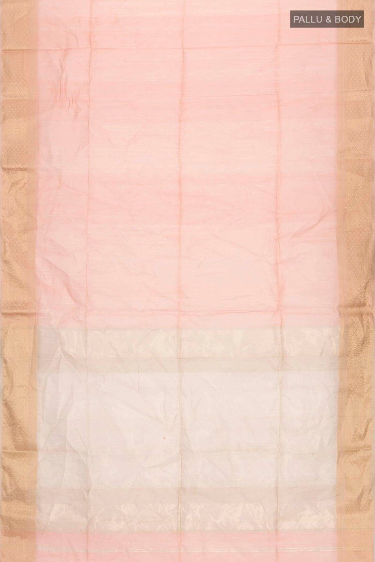 Flat view of Orange Maheshwari Tissue Silk Saree with Plain Body and Zari Border