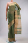 Green Maheshwari Tissue Silk Saree with Plain Body and Zari Border displayed on a mannequin