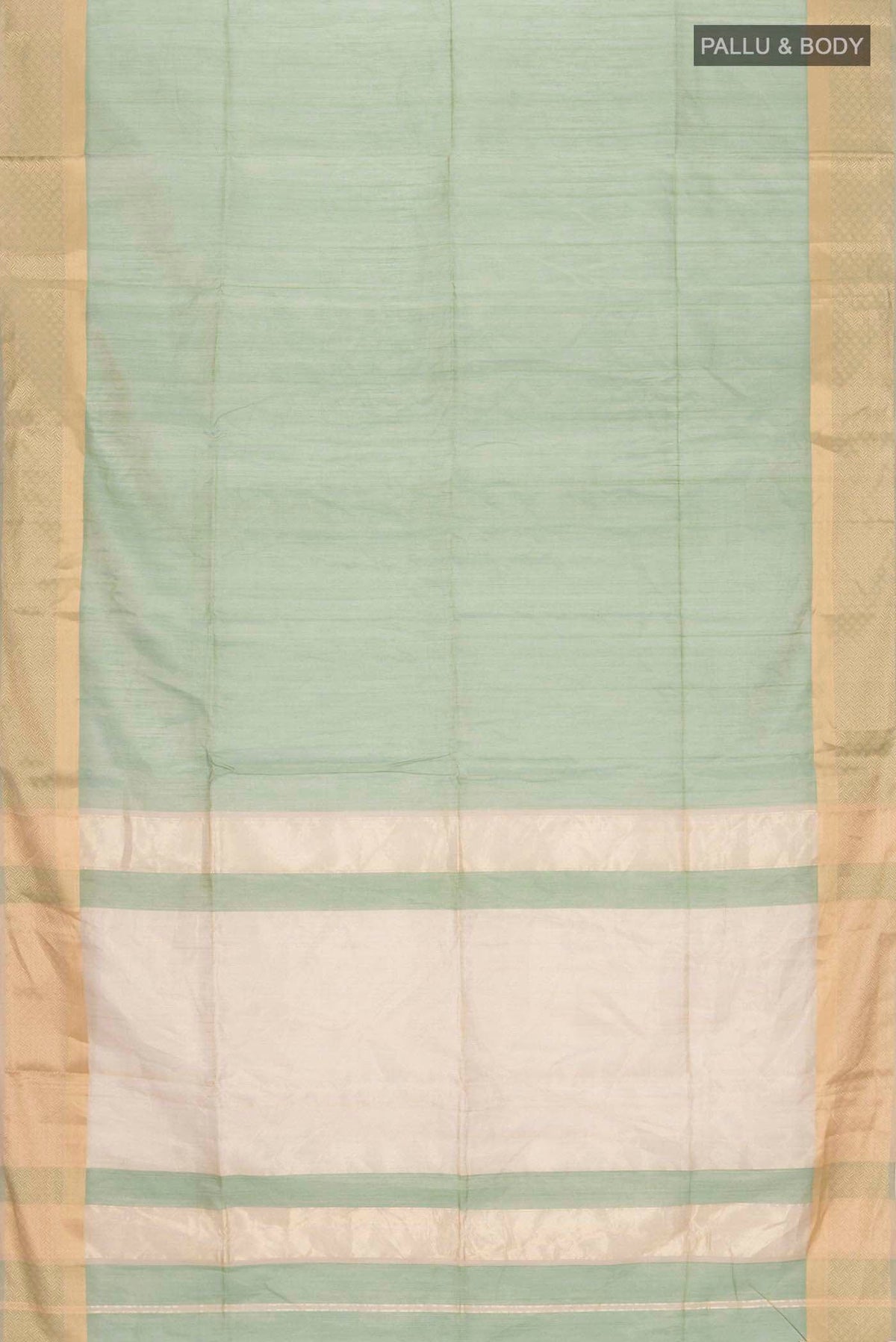 Flat view of Green Maheshwari Tissue Silk Saree with Plain Body and Zari Border