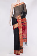Black Dual Tone Maheshwari Silk Saree with Zari Butta on the body and Zari Border.  displayed on a mannequin