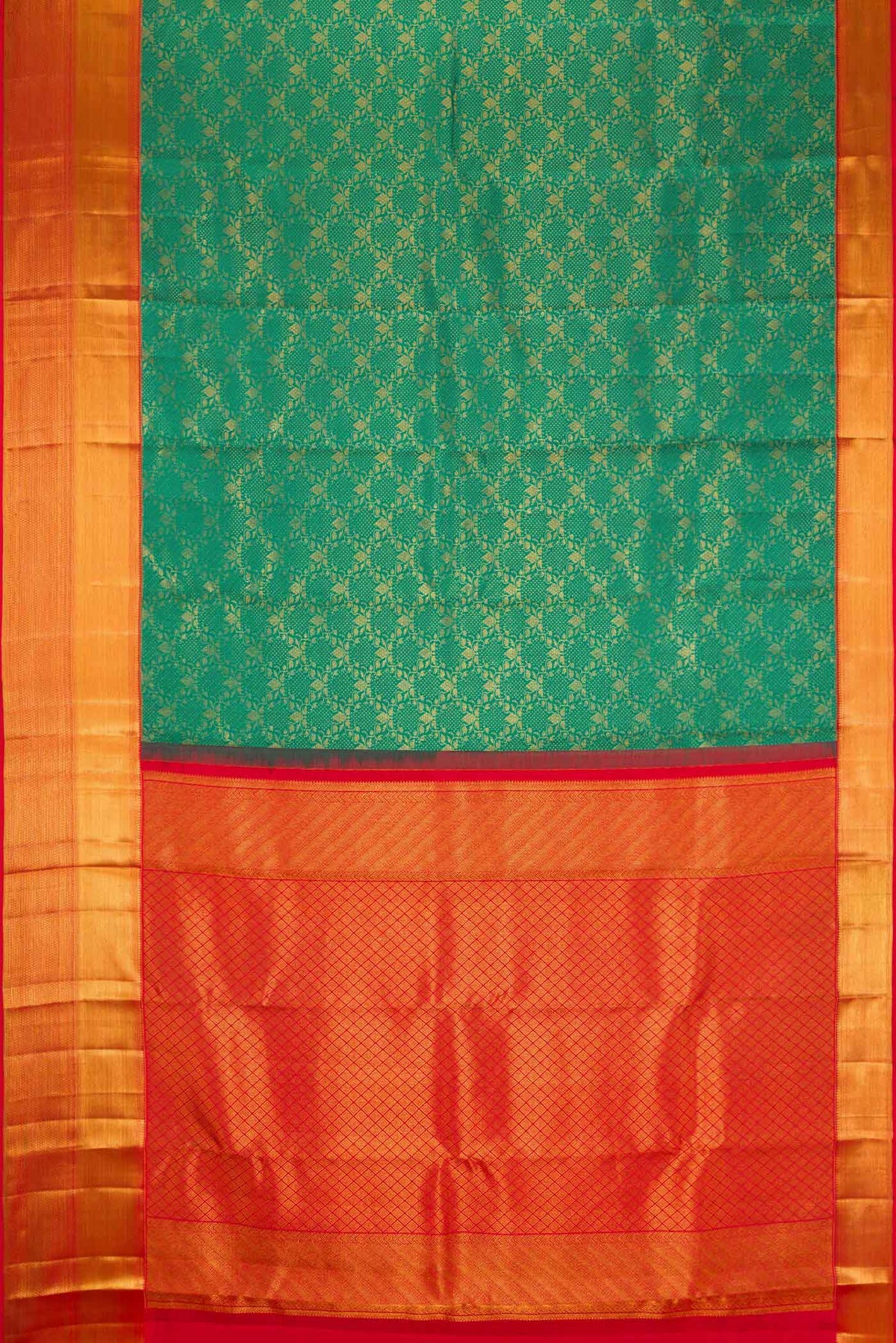 Flat view of Green Dual Tone Kanchipuram Silk Saree with Zari Brocade on the body and Zari Border