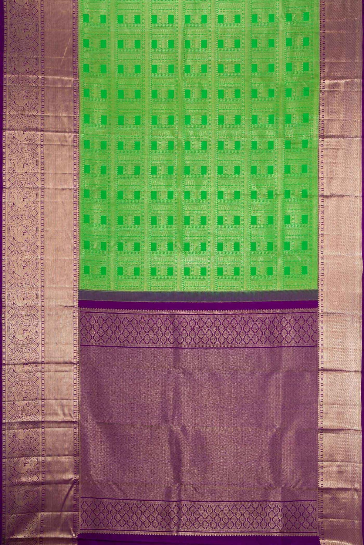 Flat view of Green Dual Tone Kanchipuram Silk Saree with Zari Brocade on the body and Zari Border