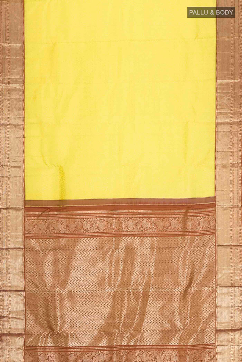 Flat view of Yellow Kanchipuram Silk Saree with Zari Brocade on the body and Zari Border