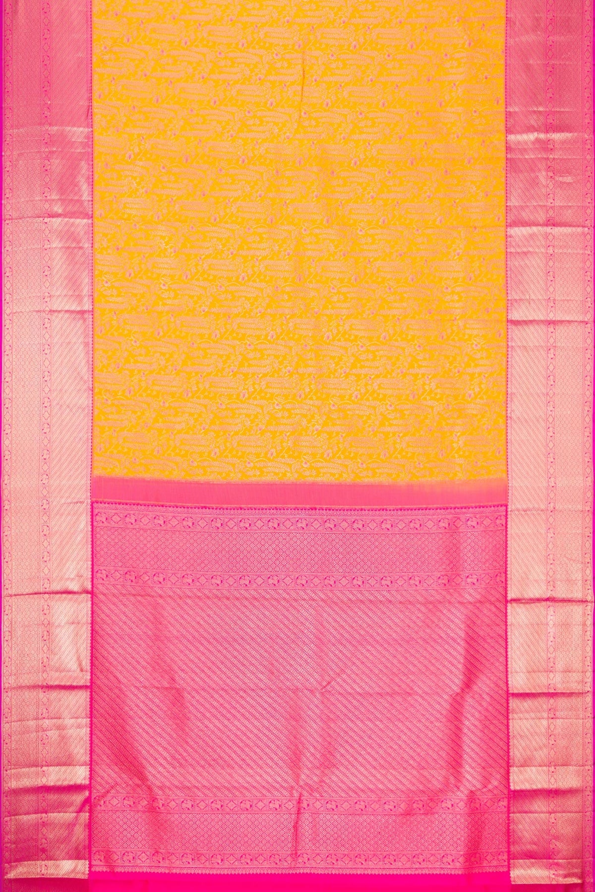 Flat view of Yellow Dual Tone Kanchipuram Silk Saree with Zari Brocade on the body and Zari Border. 