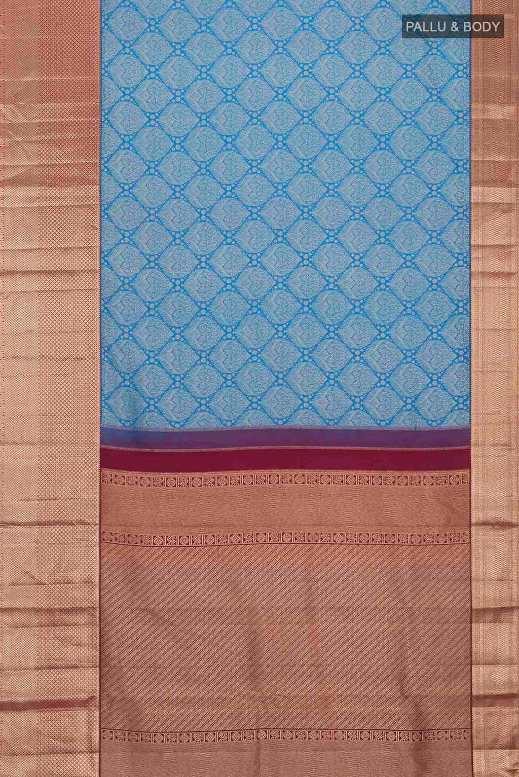 Flat view of Blue Kanchipuram Silk Saree with Zari Brocade on the body and Zari Border