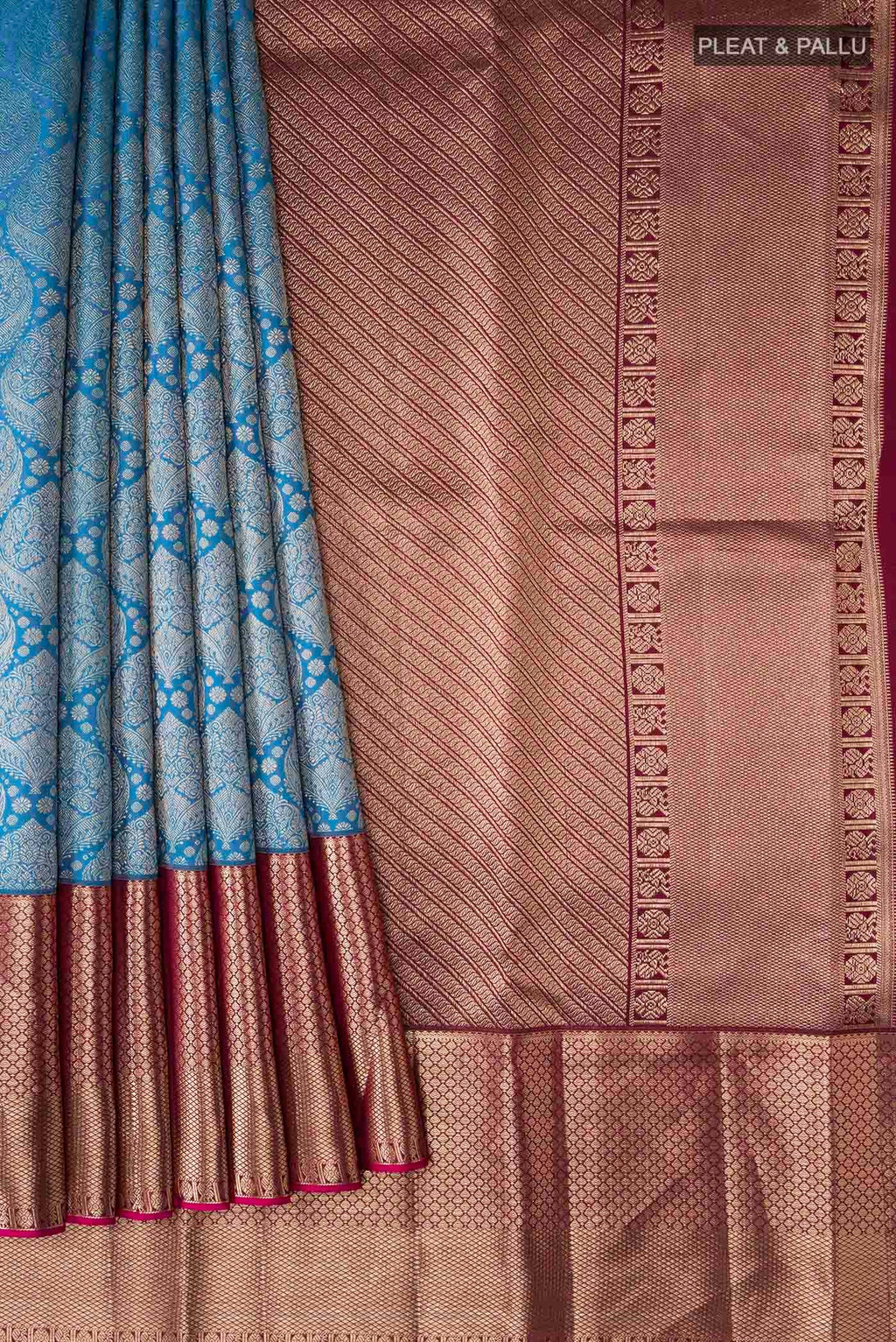 Pleats and pallu of Blue Kanchipuram Silk Saree with Zari Brocade on the body and Zari Border
