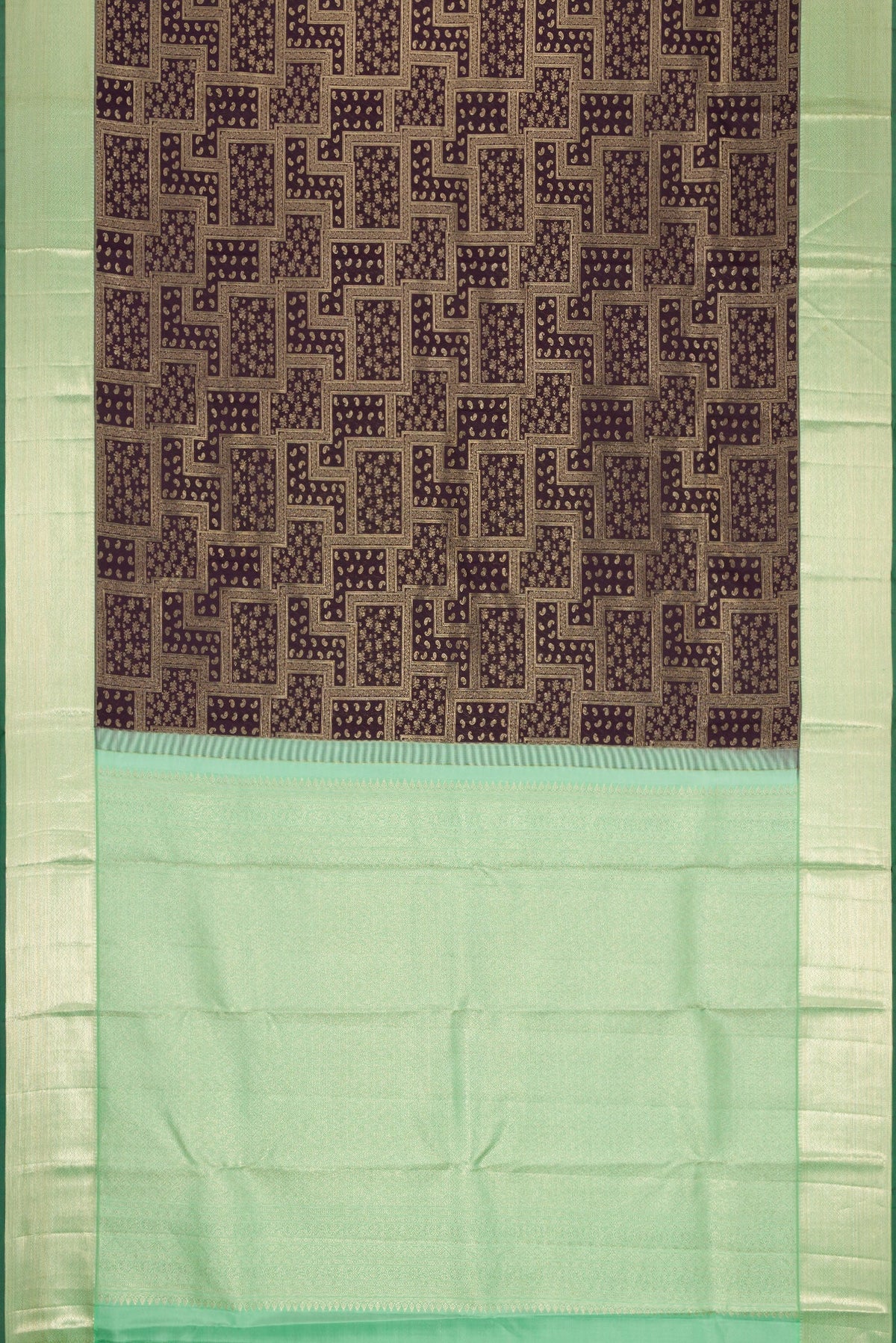 Flat view of Coffee Brown Dual Tone Kanchipuram Silk Saree with Zari Brocade on the body and Zari Border. 