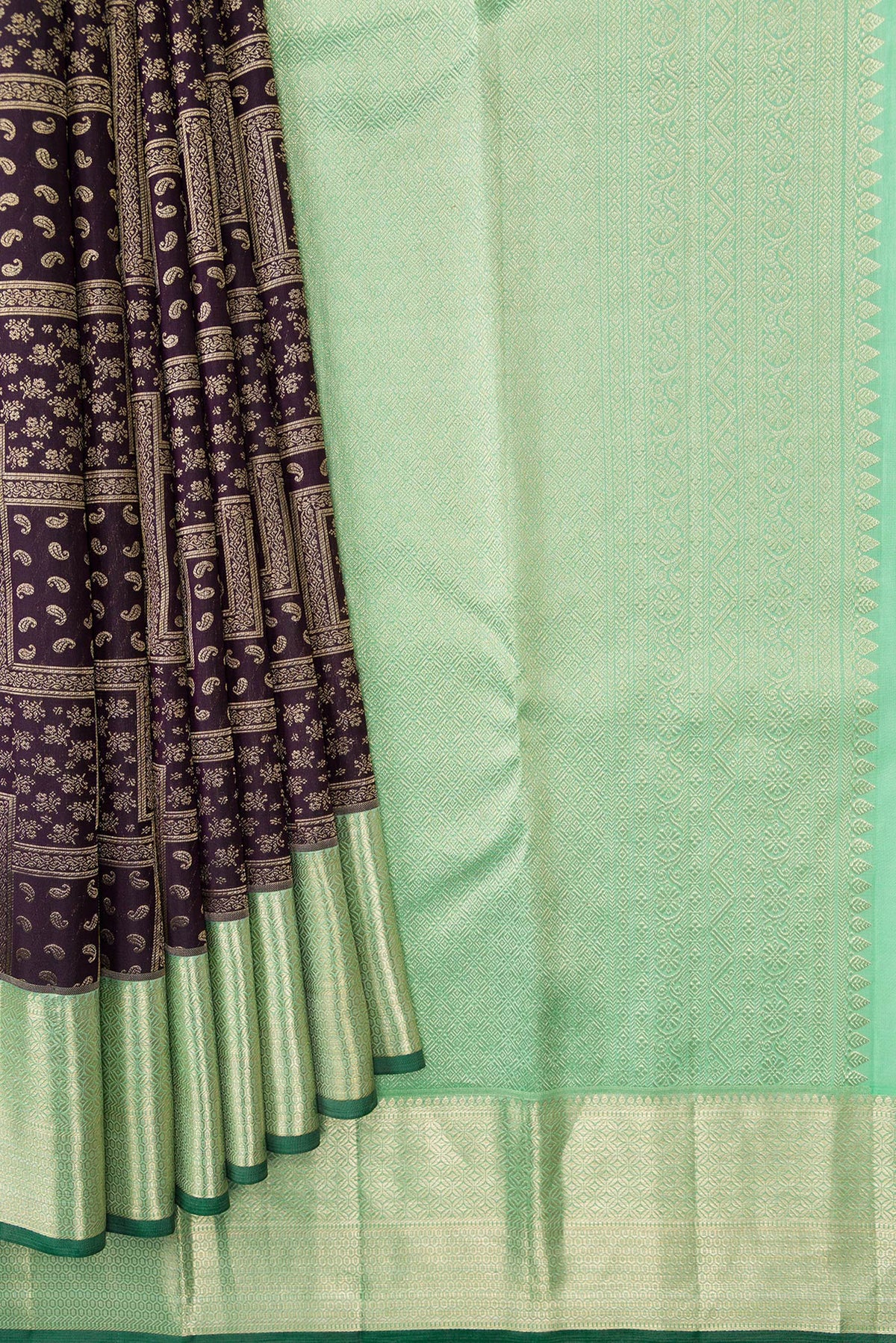 Pleats and pallu of Coffee Brown Dual Tone Kanchipuram Silk Saree with Zari Brocade on the body and Zari Border. 